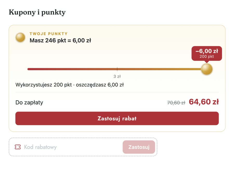 Punkty w koszyku sklepu restauracji: saldo, suwak i kwota po rabacie (konto demo)